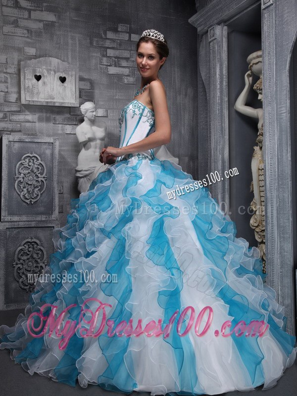 White and Blu Sweetheart Taffeta and Organza Appliques Sweet 16 Ball Gown