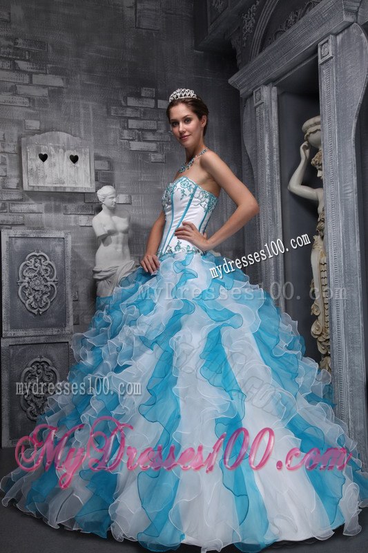 White and Blu Sweetheart Taffeta and Organza Appliques Sweet 16 Ball Gown