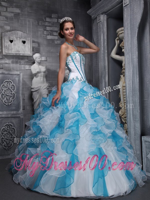 White and Blu Sweetheart Taffeta and Organza Appliques Sweet 16 Ball Gown