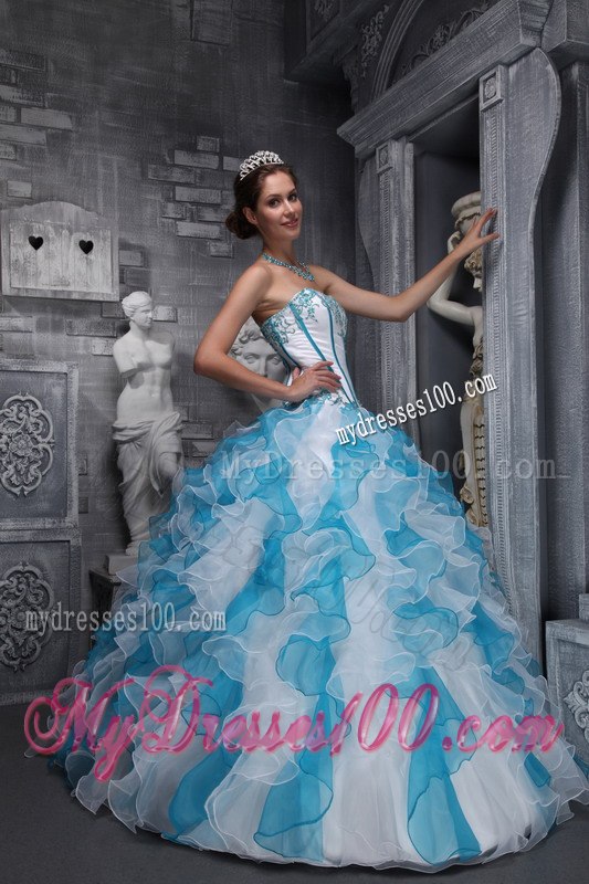 White and Blu Sweetheart Taffeta and Organza Appliques Sweet 16 Ball Gown