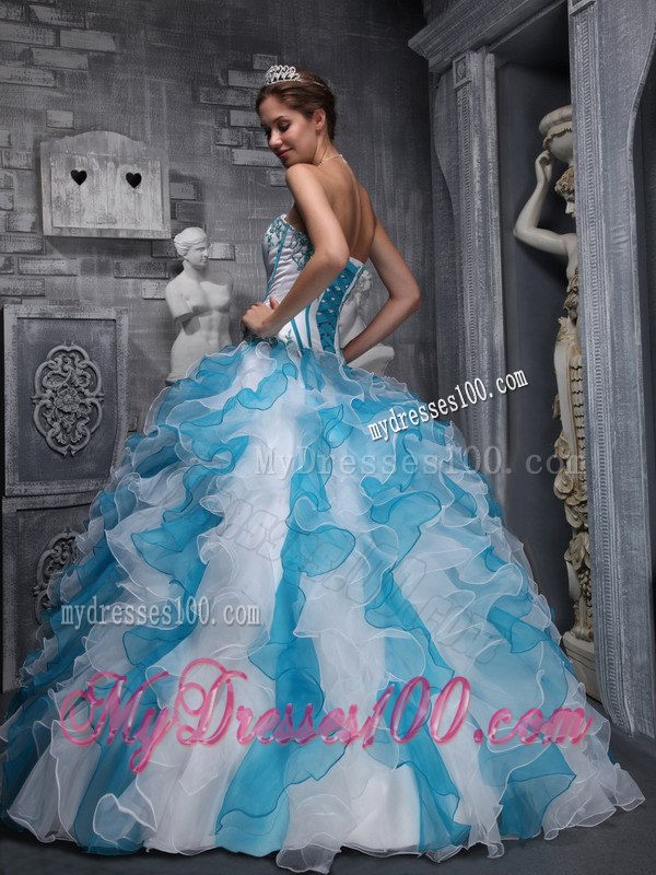 White and Blu Sweetheart Taffeta and Organza Appliques Sweet 16 Ball Gown