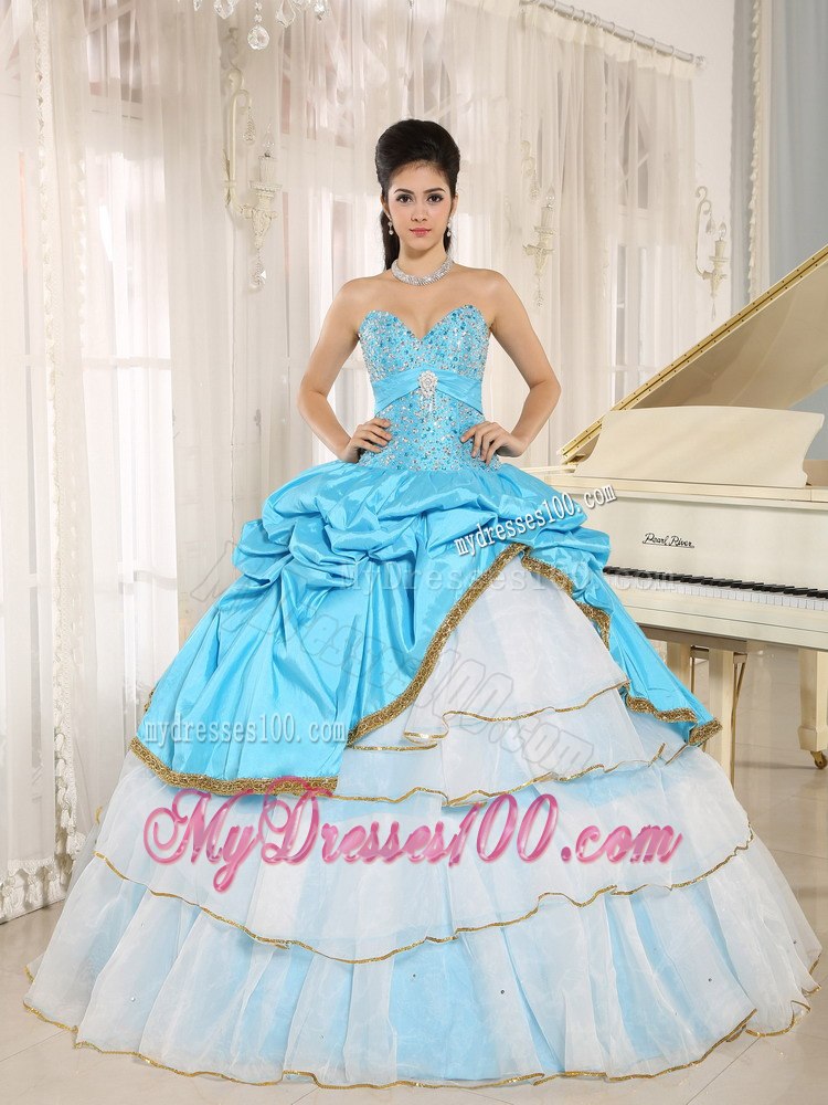 Beaded and Pick-ups Sweetheart For Aqua Blue and White Quinceanera Dress