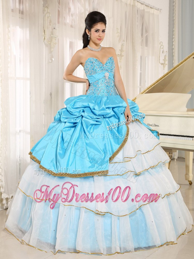 Beaded and Pick-ups Sweetheart For Aqua Blue and White Quinceanera Dress