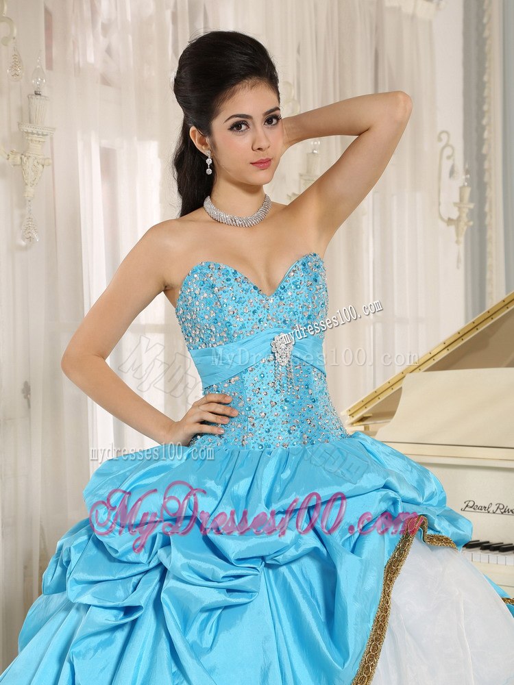 Beaded and Pick-ups Sweetheart For Aqua Blue and White Quinceanera Dress
