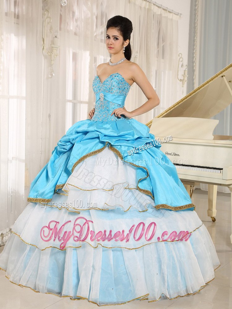 Beaded and Pick-ups Sweetheart For Aqua Blue and White Quinceanera Dress