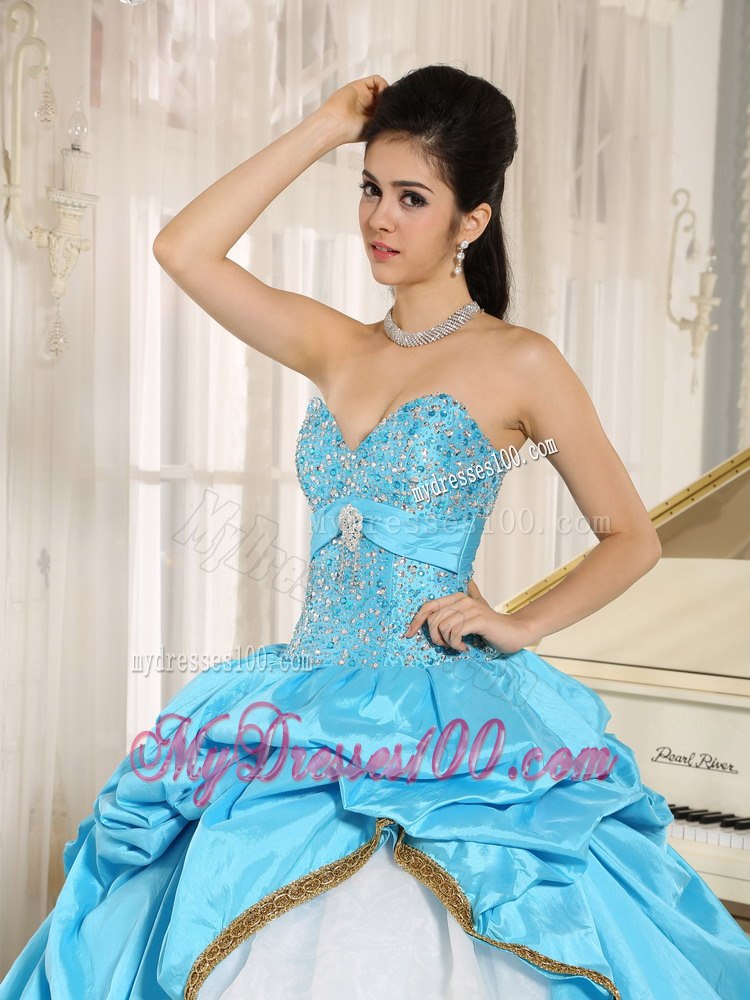 Beaded and Pick-ups Sweetheart For Aqua Blue and White Quinceanera Dress