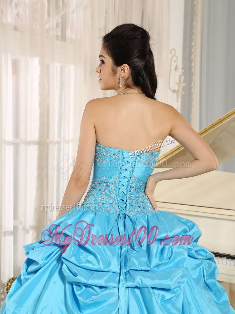 Beaded and Pick-ups Sweetheart For Aqua Blue and White Quinceanera Dress