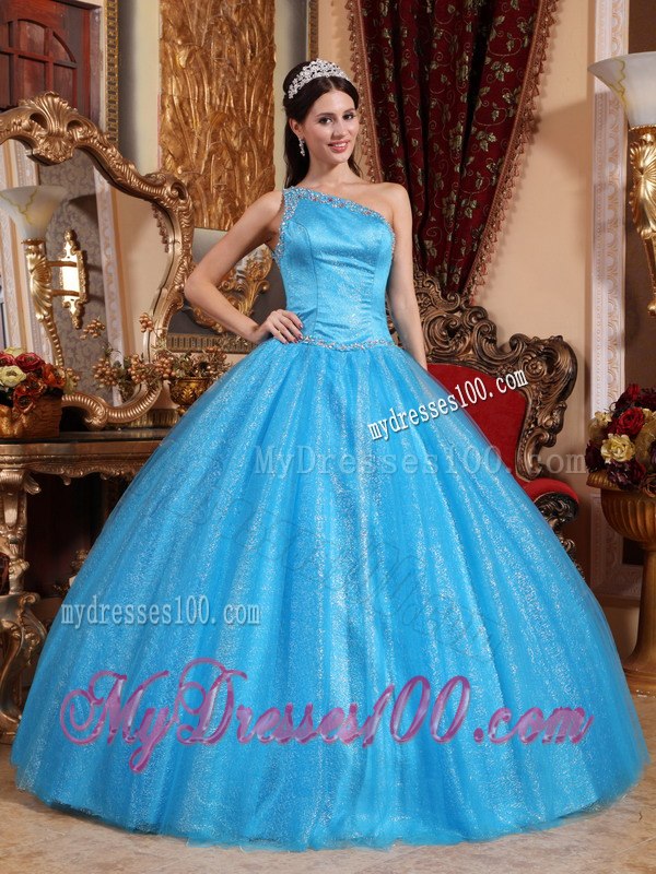 Teal Ball Gown One Shoulder Floor-length Tulle and Taffeta Beadi