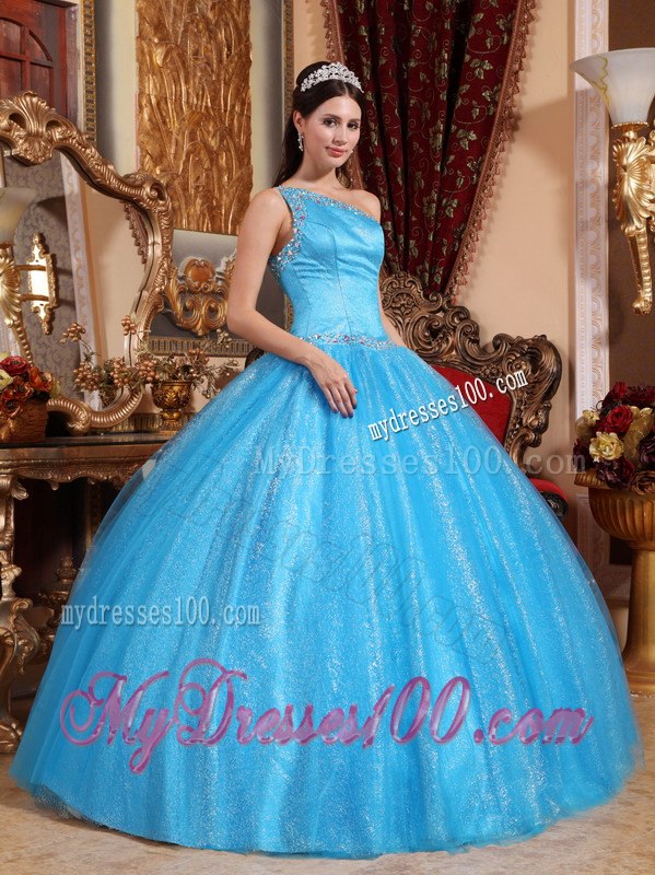 Teal Ball Gown One Shoulder Floor-length Tulle and Taffeta Beadi