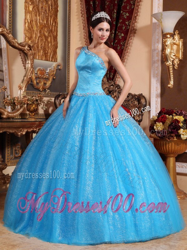 Teal Ball Gown One Shoulder Floor-length Tulle and Taffeta Beadi