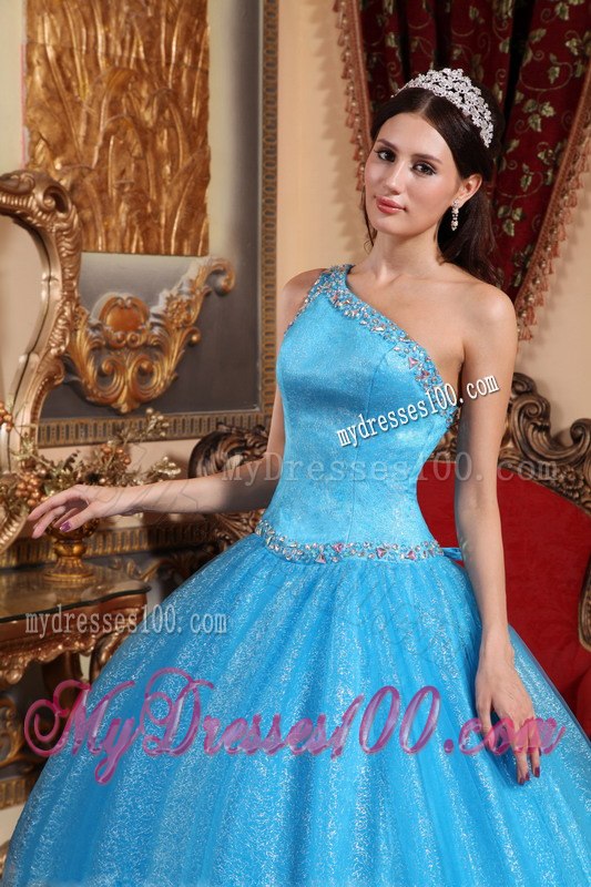 Teal Ball Gown One Shoulder Floor-length Tulle and Taffeta Beadi