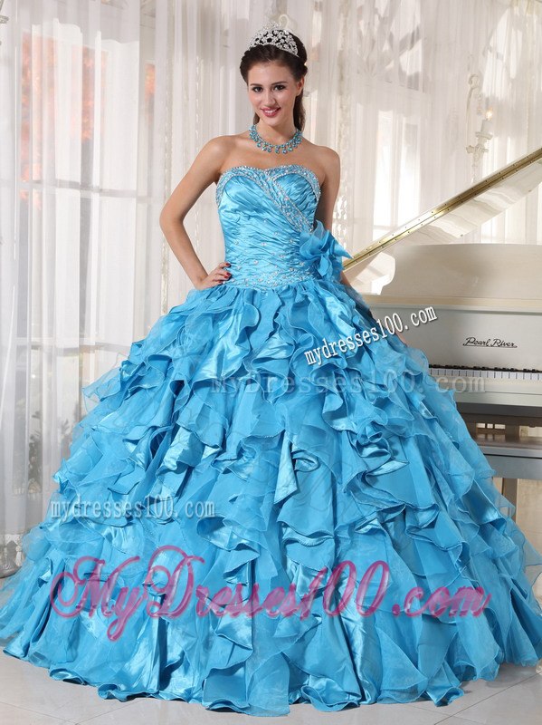 Beading Mand Hand Flower Teal Dresses for 15 Sweetheart Floor-length