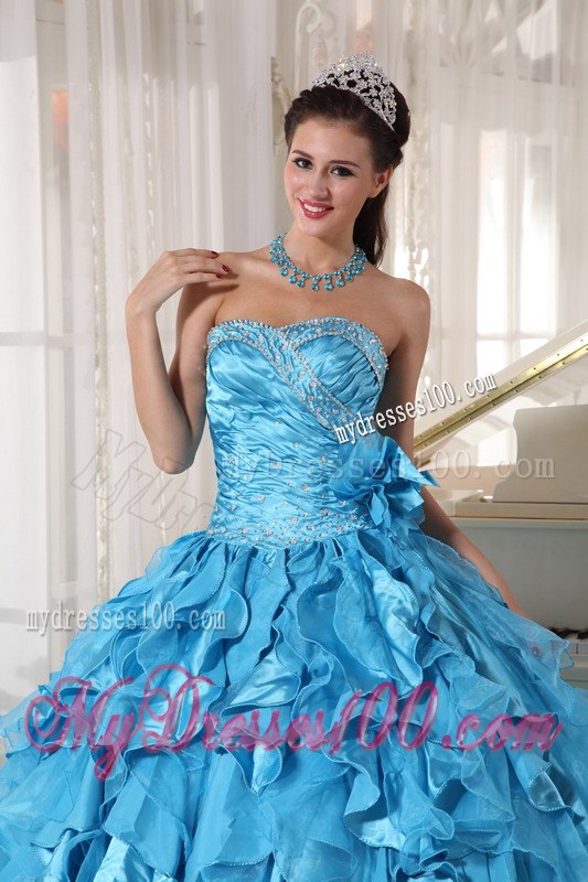 Beading Mand Hand Flower Teal Dresses for 15 Sweetheart Floor-length
