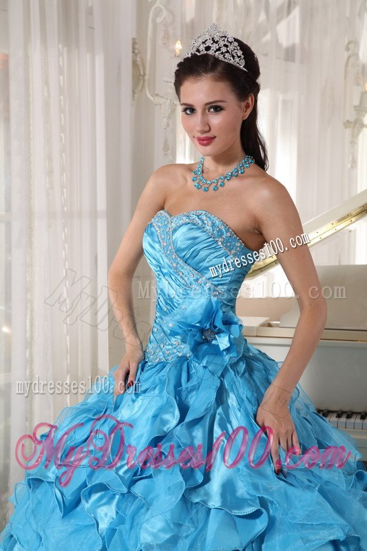 Beading Mand Hand Flower Teal Dresses for 15 Sweetheart Floor-length
