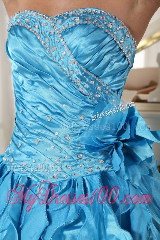 Beading Mand Hand Flower Teal Dresses for 15 Sweetheart Floor-length
