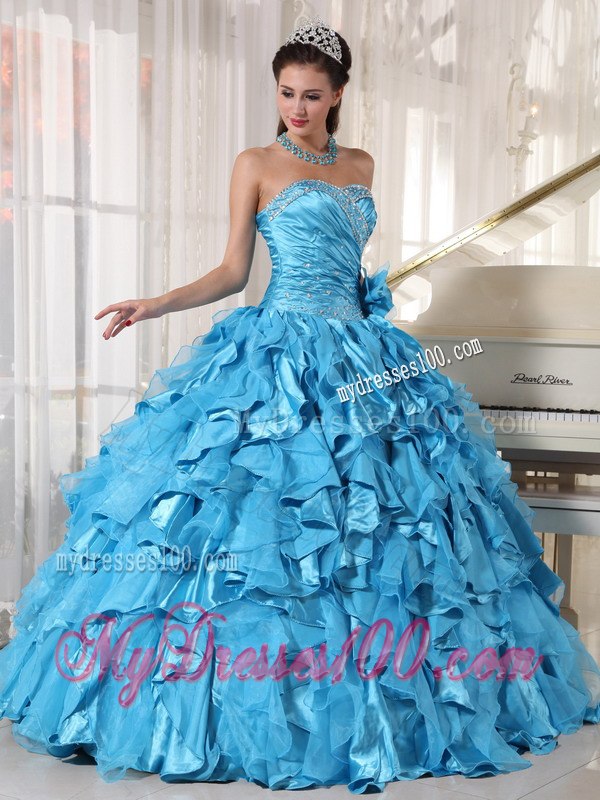 Beading Mand Hand Flower Teal Dresses for 15 Sweetheart Floor-length