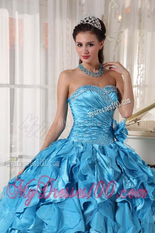 Beading Mand Hand Flower Teal Dresses for 15 Sweetheart Floor-length