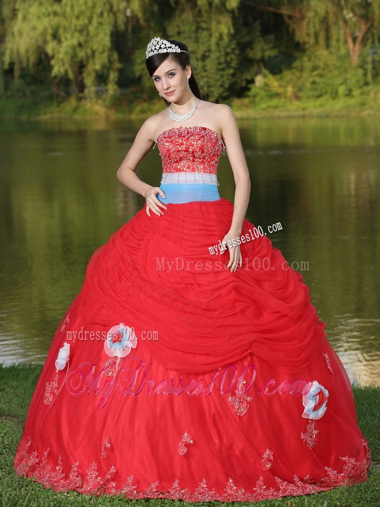 Beaded and Hand Made Flowers Tulle Strapless Red Quinceanera Dress