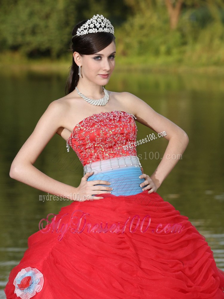 Beaded and Hand Made Flowers Tulle Strapless Red Quinceanera Dress