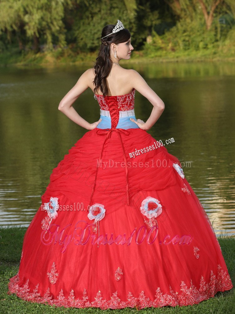 Beaded and Hand Made Flowers Tulle Strapless Red Quinceanera Dress