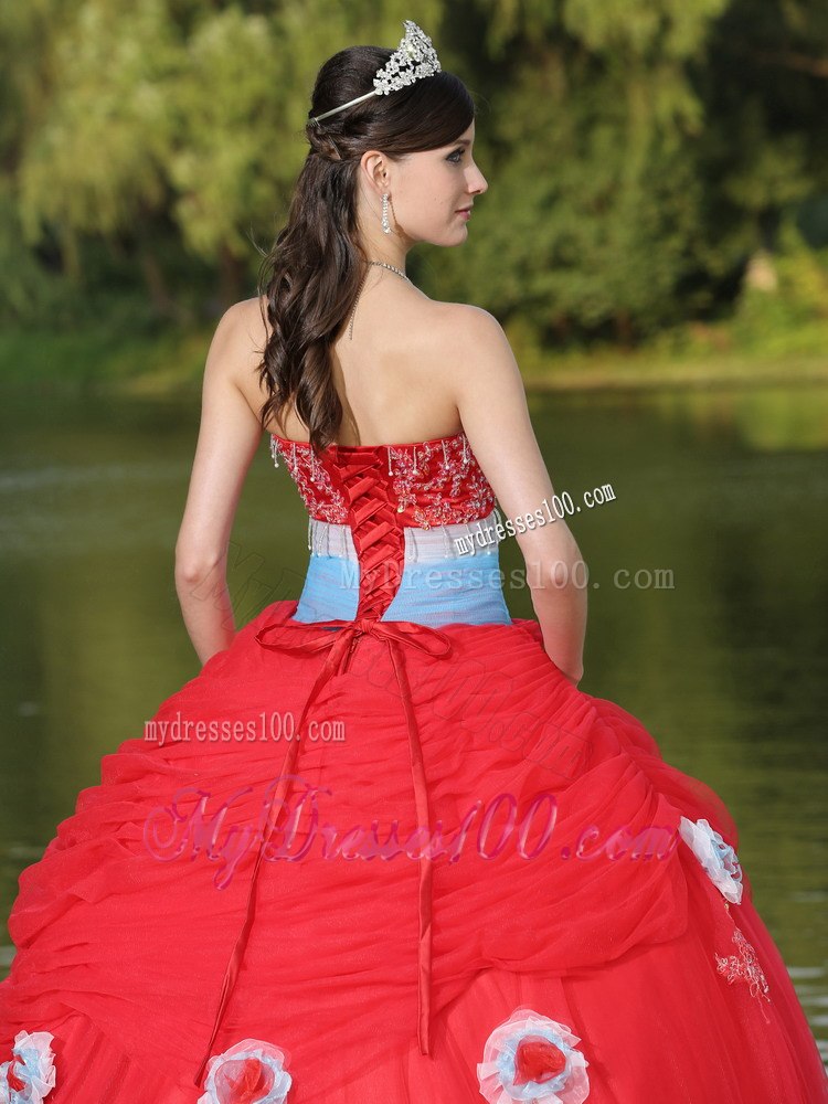 Beaded and Hand Made Flowers Tulle Strapless Red Quinceanera Dress