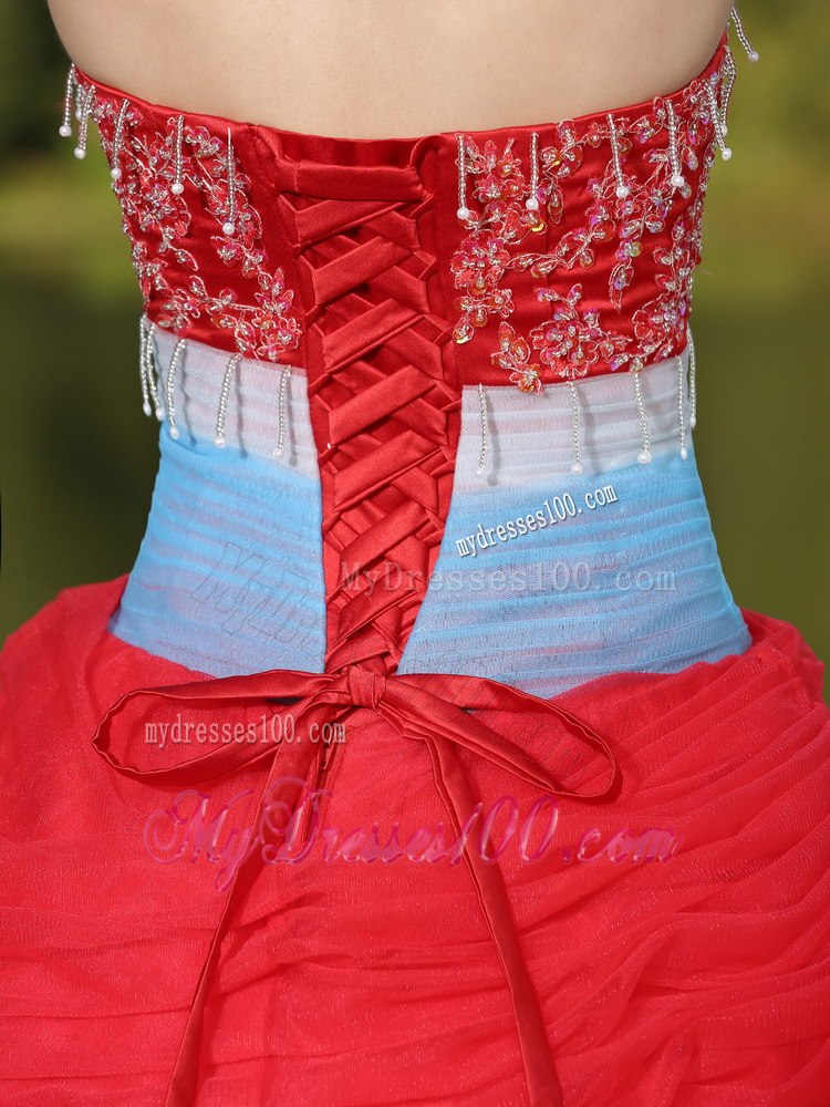 Beaded and Hand Made Flowers Tulle Strapless Red Quinceanera Dress