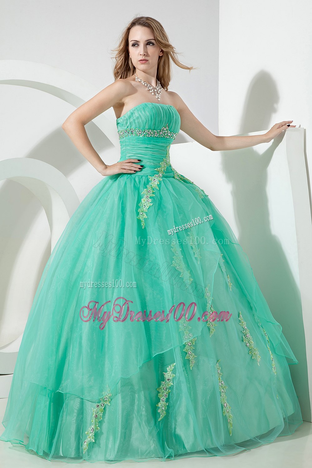 Beading Mand Embroidery Zipper-up Turquoise Quinceanera Dress Strapless