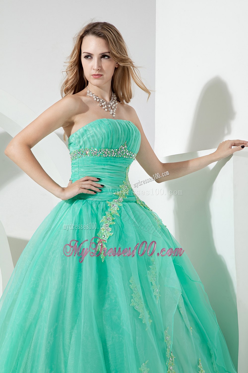 Beading Mand Embroidery Zipper-up Turquoise Quinceanera Dress Strapless