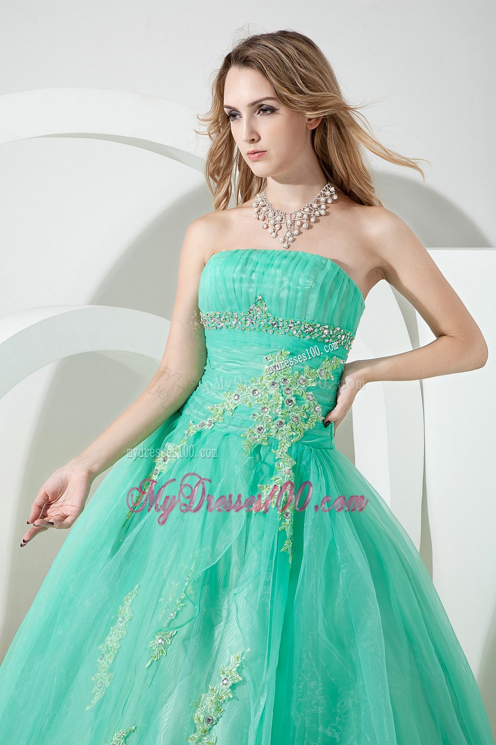 Beading Mand Embroidery Zipper-up Turquoise Quinceanera Dress Strapless