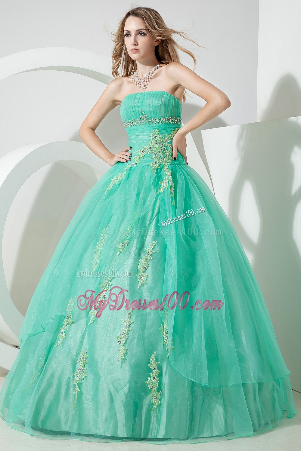 Beading Mand Embroidery Zipper-up Turquoise Quinceanera Dress Strapless