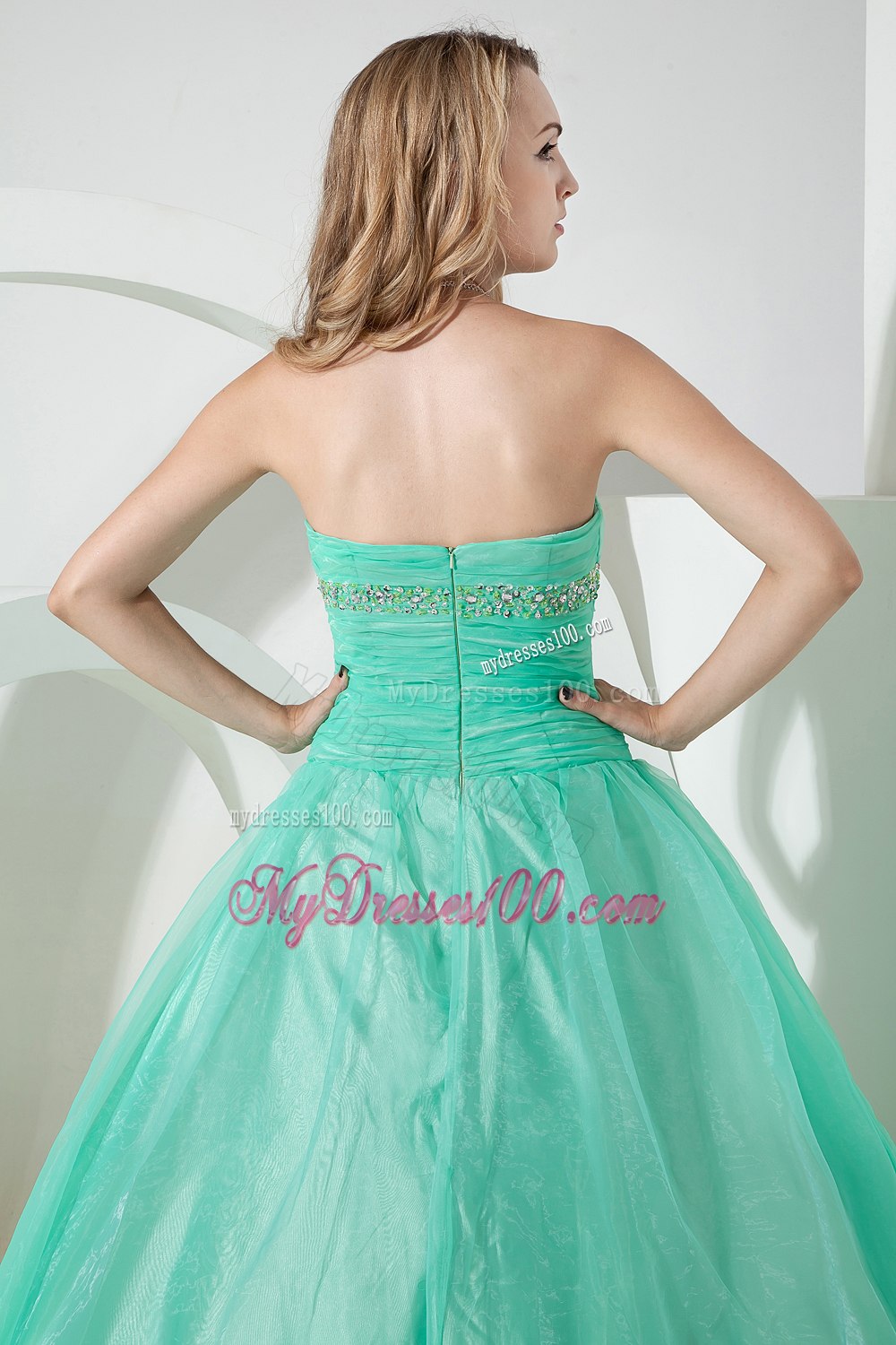 Beading Mand Embroidery Zipper-up Turquoise Quinceanera Dress Strapless