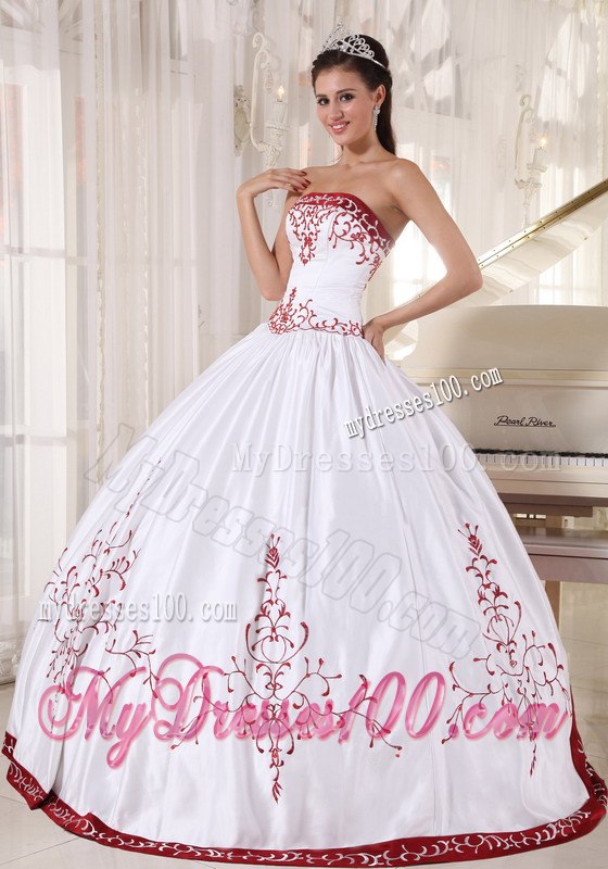 Embroidery White and Wine Red Quinceanera dresses Floor-length Satin