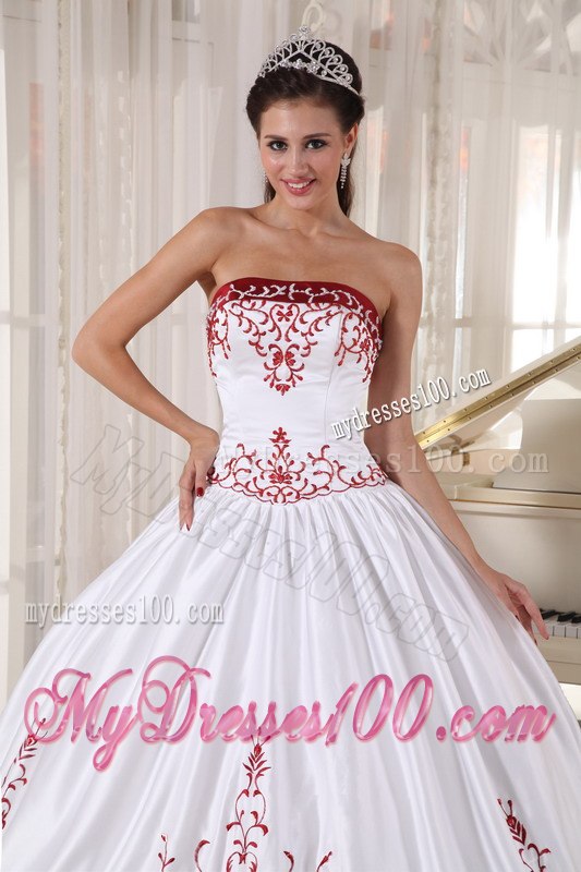 Embroidery White and Wine Red Quinceanera dresses Floor-length Satin