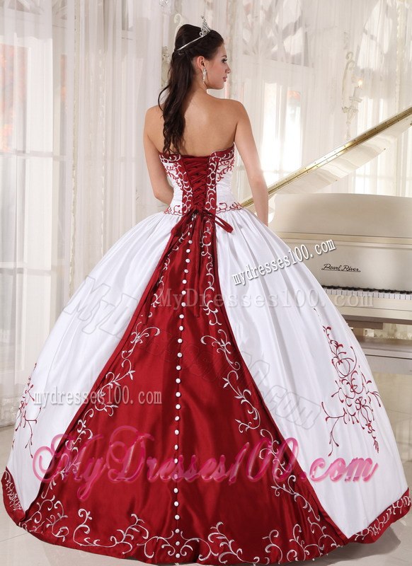 Embroidery White and Wine Red Quinceanera dresses Floor-length Satin