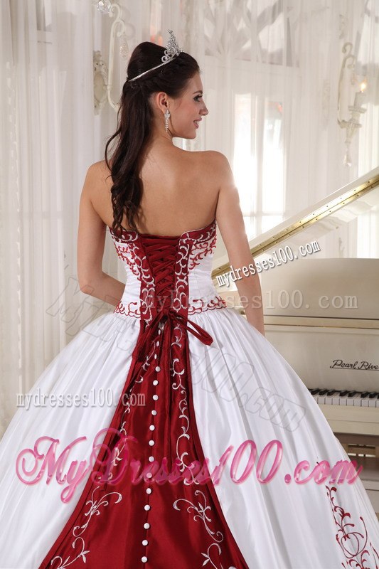 Embroidery White and Wine Red Quinceanera dresses Floor-length Satin