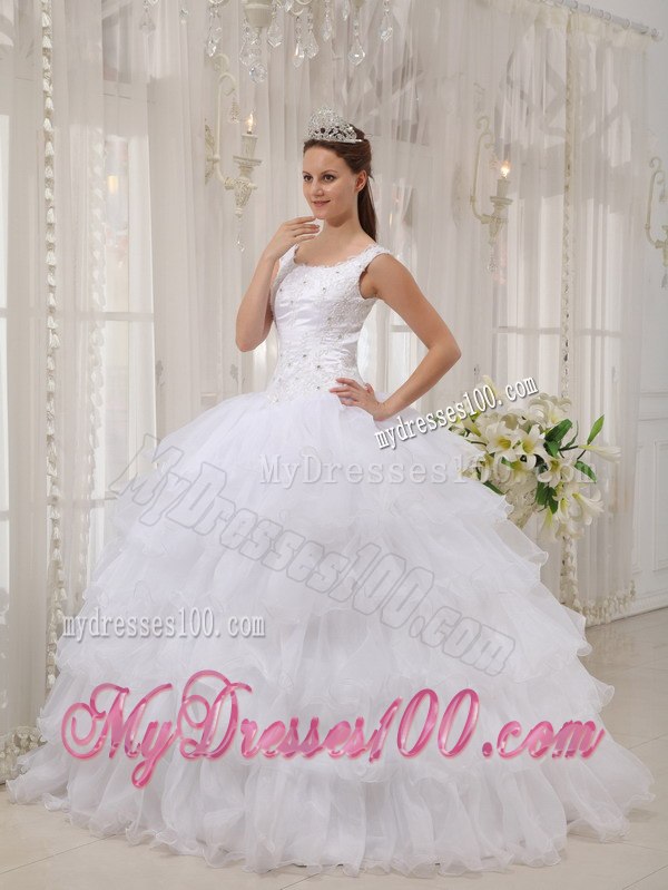Scoop White Ball Gown Floor-length Appliques Quinceanera Dress