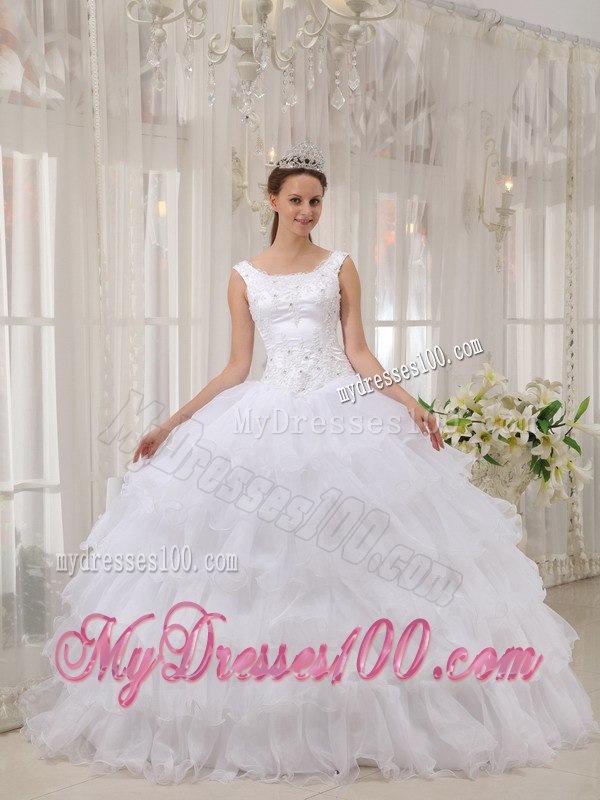 Scoop White Ball Gown Floor-length Appliques Quinceanera Dress