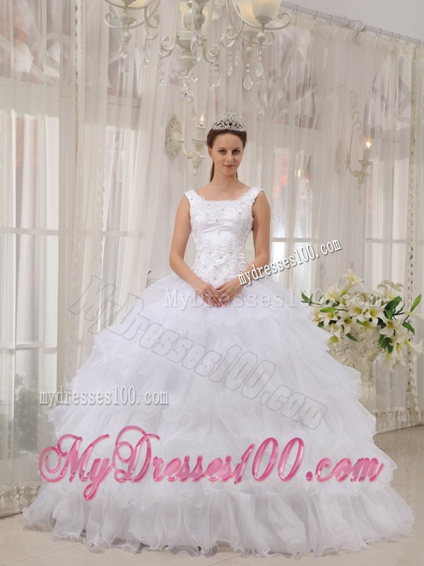 Scoop White Ball Gown Floor-length Appliques Quinceanera Dress