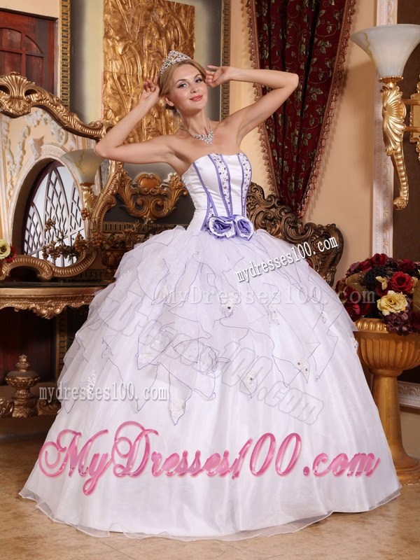 Hand Flowers White and lavender Organza Beading Quinceanera Dress