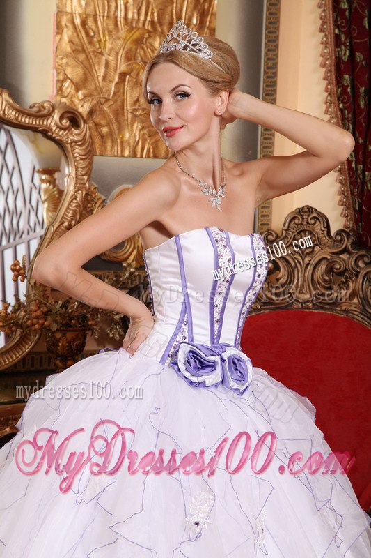 Hand Flowers White and lavender Organza Beading Quinceanera Dress