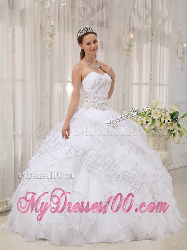 Ruffles Layered White Sweetheart Quinceanera Dress Organza Appliques