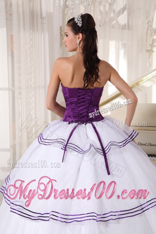 Appliques and Beading White and Purple Quinceanera Gown Floor-length
