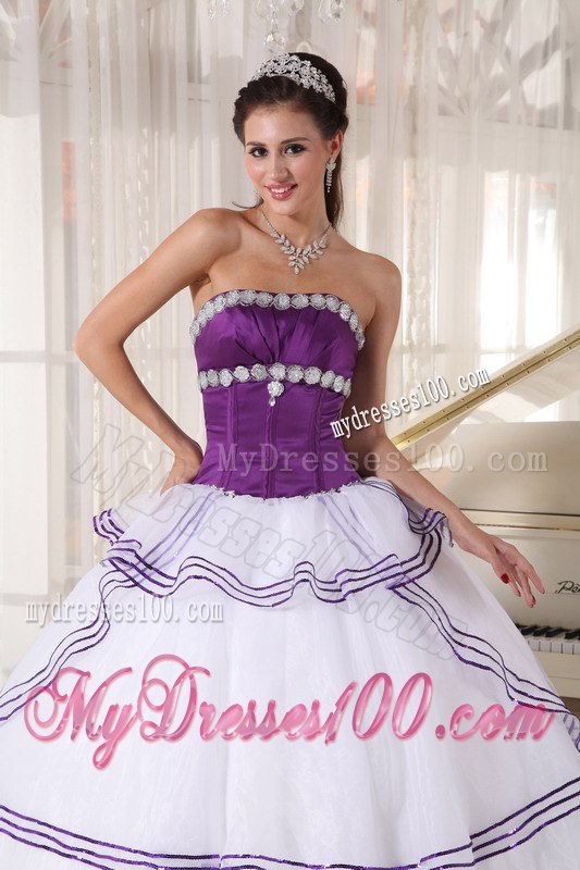 Appliques and Beading White and Purple Quinceanera Gown Floor-length