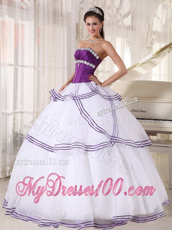 Appliques and Beading White and Purple Quinceanera Gown Floor-length