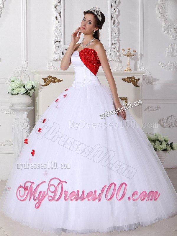 White and Red Quinceanera Dress A-line Style with Sweetheart And Flowers