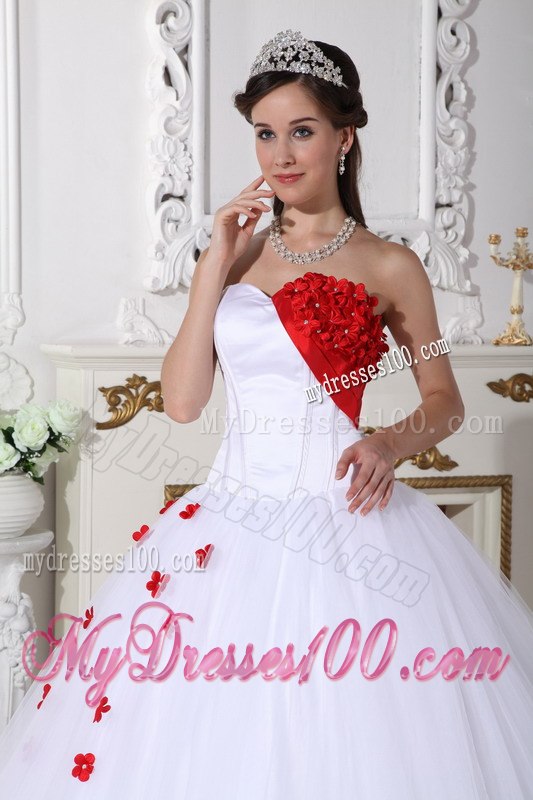 White and Red Quinceanera Dress A-line Style with Sweetheart And Flowers