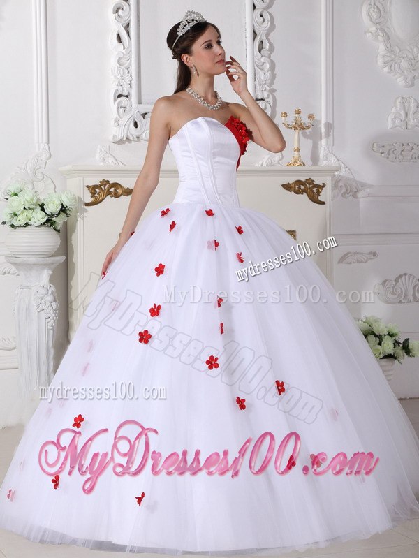 White and Red Quinceanera Dress A-line Style with Sweetheart And Flowers