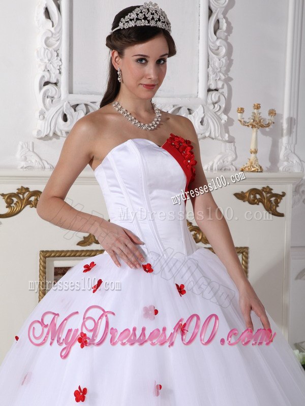 White and Red Quinceanera Dress A-line Style with Sweetheart And Flowers