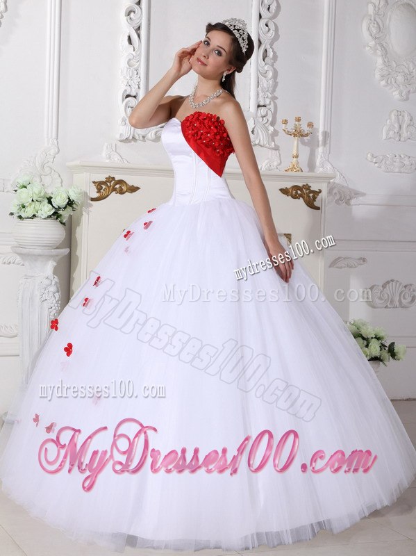 White and Red Quinceanera Dress A-line Style with Sweetheart And Flowers