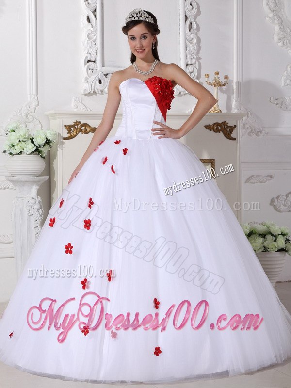 White and Red Quinceanera Dress A-line Style with Sweetheart And Flowers